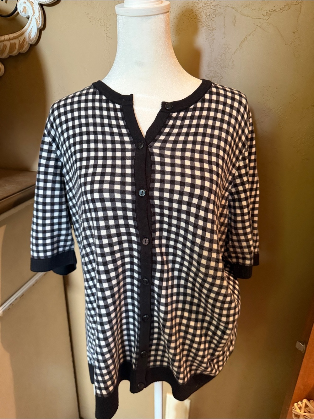 Christopher & Banks Black and White Checked Button-Front Cardigan